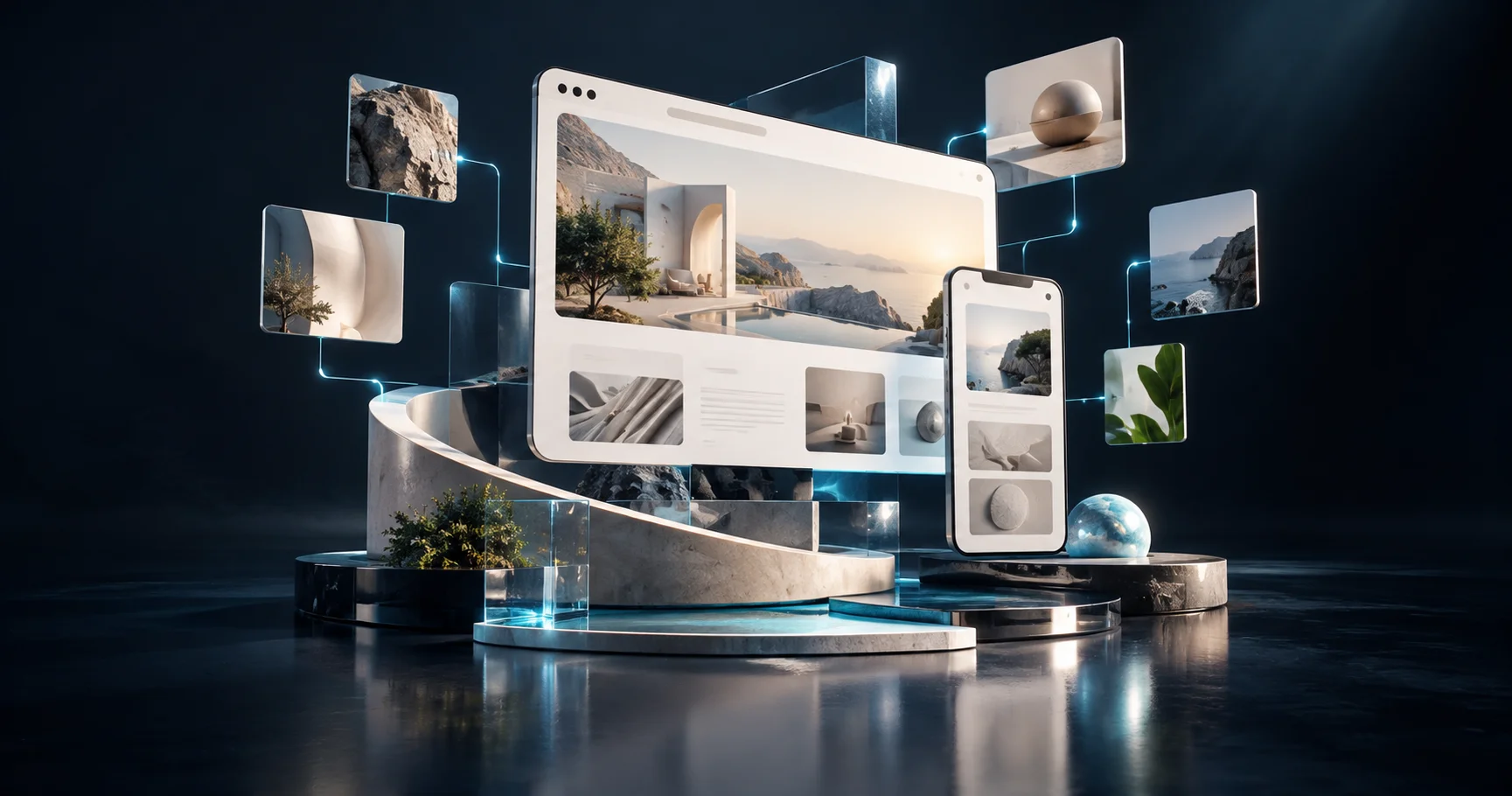 Illustration 3D d’un site sur mesure sur ordinateur et mobile, connecté à ses modules de contenu