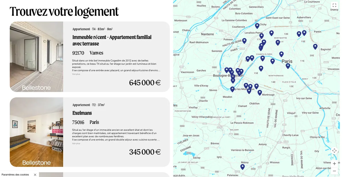 Filtres dynamiques du module immobilier Bellestone développés avec Velo