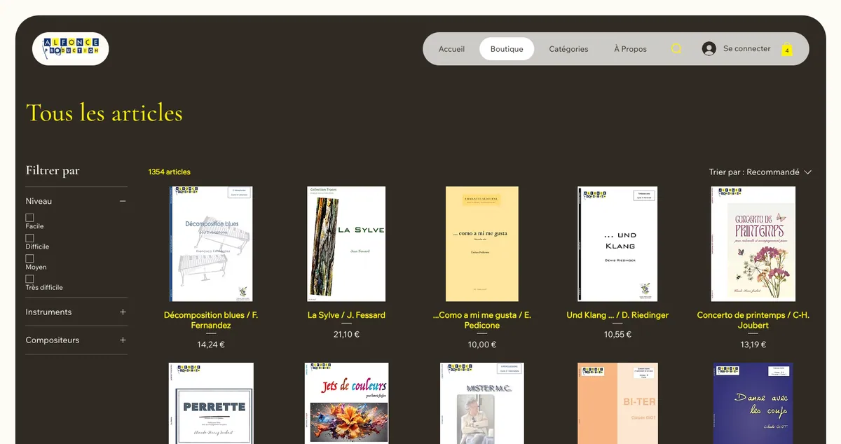 Parcours d’achat de la boutique Alfonce Production optimisé avec Wix Studio