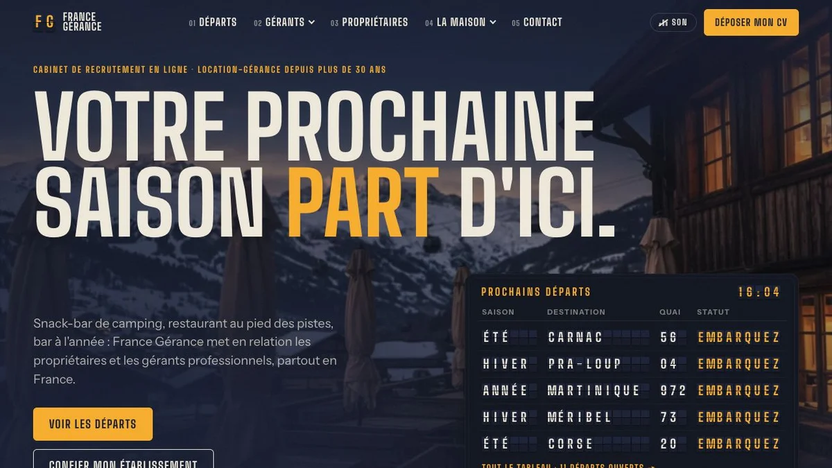 Accueil France Gérance : univers de gare et tableau des départs pour les affaires en location-gérance