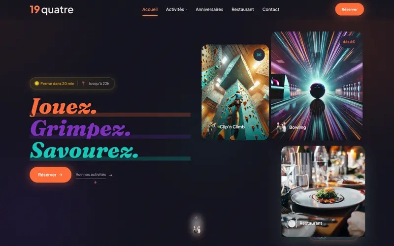 Nouvelle page d’accueil du site 19quatre, complexe multi-activités et restaurant